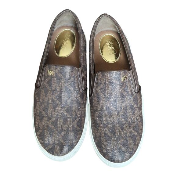 Michael Kors Boerum Double Gore MK Signature PVC Brown Slip On Sneakers US 7.5M - Picture 1 of 8